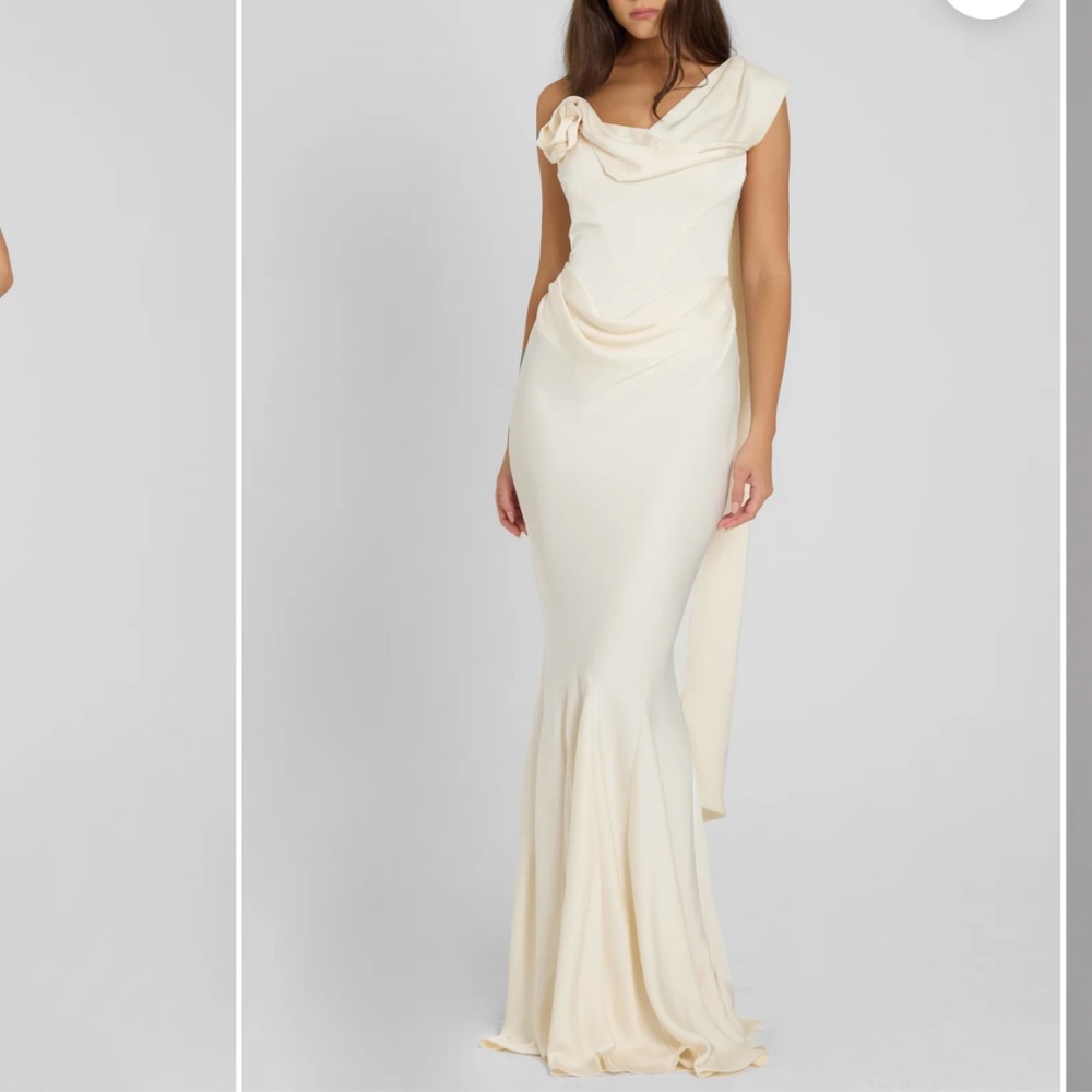 Draped One-Shoulder Cream Wedding Gown